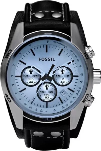 Montre Fossil Coachman CH2564 pour Homme - Cadran Bleu, Bracelet Cuir Noir, Boîtier Bicolore