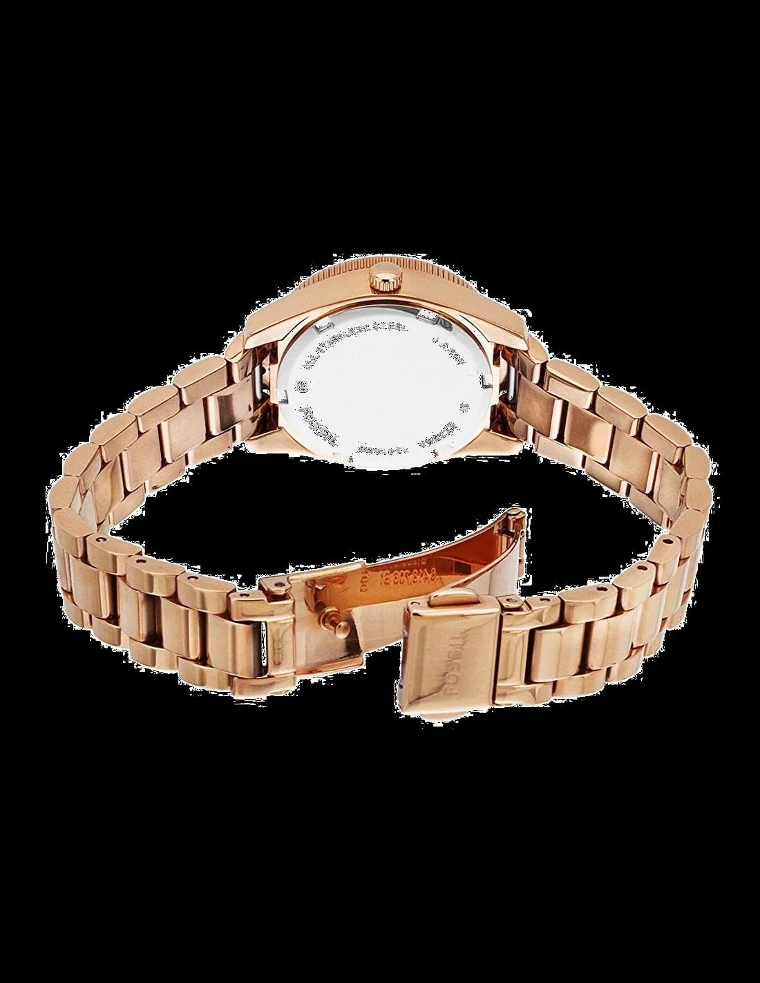 Attache bracelet Fossil ES3584 en acier inoxydable or rose, maillons polis et brossés, fermoir déployant double sécurité
