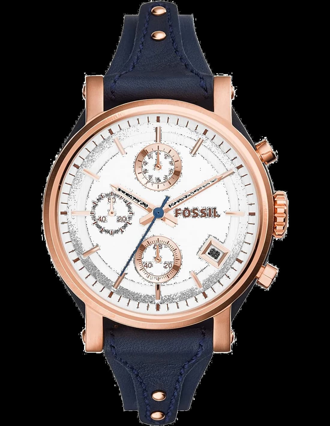 Montre Femme Fossil Original Boyfriend ES3838, boîtier or rose et bracelet cuir bleu