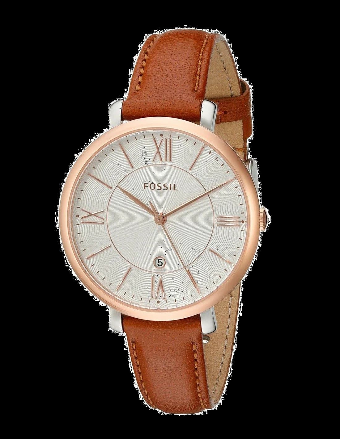 Montre Femme Fossil ES3842 - Cadran Argent, Boîtier Or Rose, Bracelet Cuir Marron Fin
