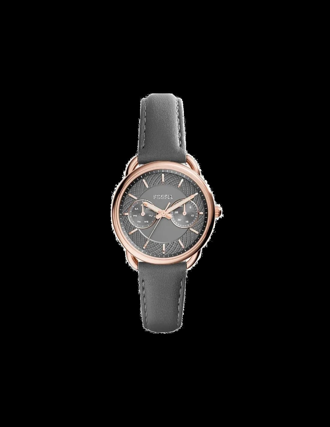 Montre Femme Fossil ES3913 Tailor - Cadran Gris, Boîtier Or Rose, Bracelet Cuir
