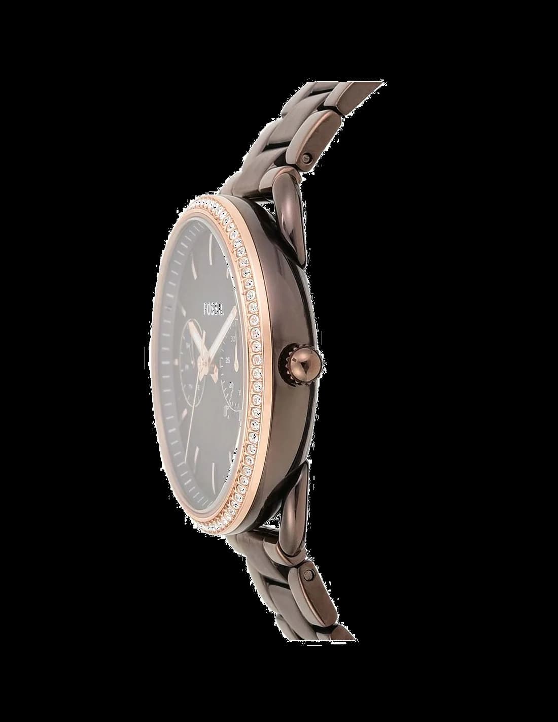 Visage cadran Fossil ES4258 avec index appliques en or rose, aiguilles dauphine et guichet date à 3h, mouvement quartz précis