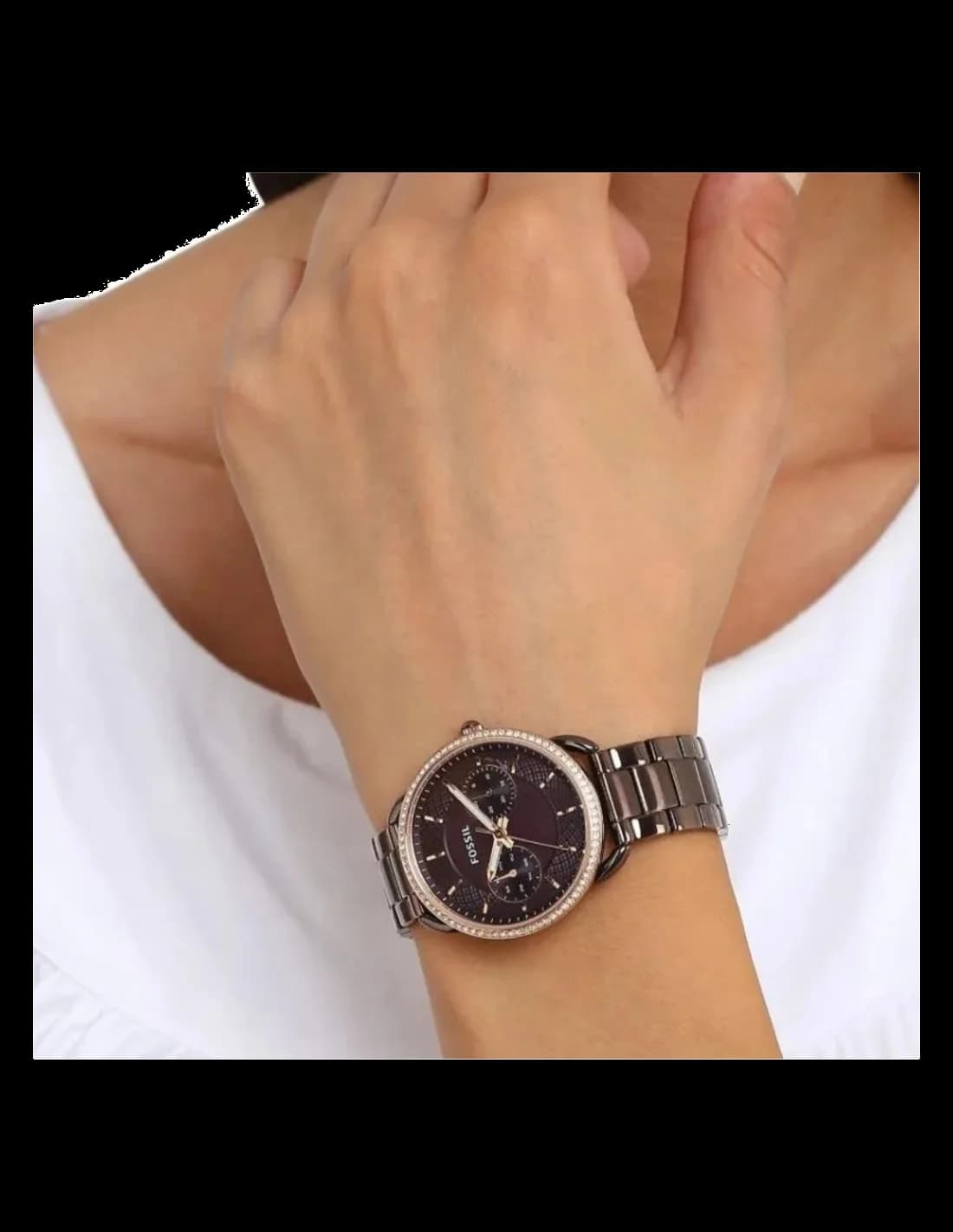 Attache bracelet Fossil ES4258 en acier inoxydable plaqué or rose, fermoir déployant double sécurité, maillons polis et brossés