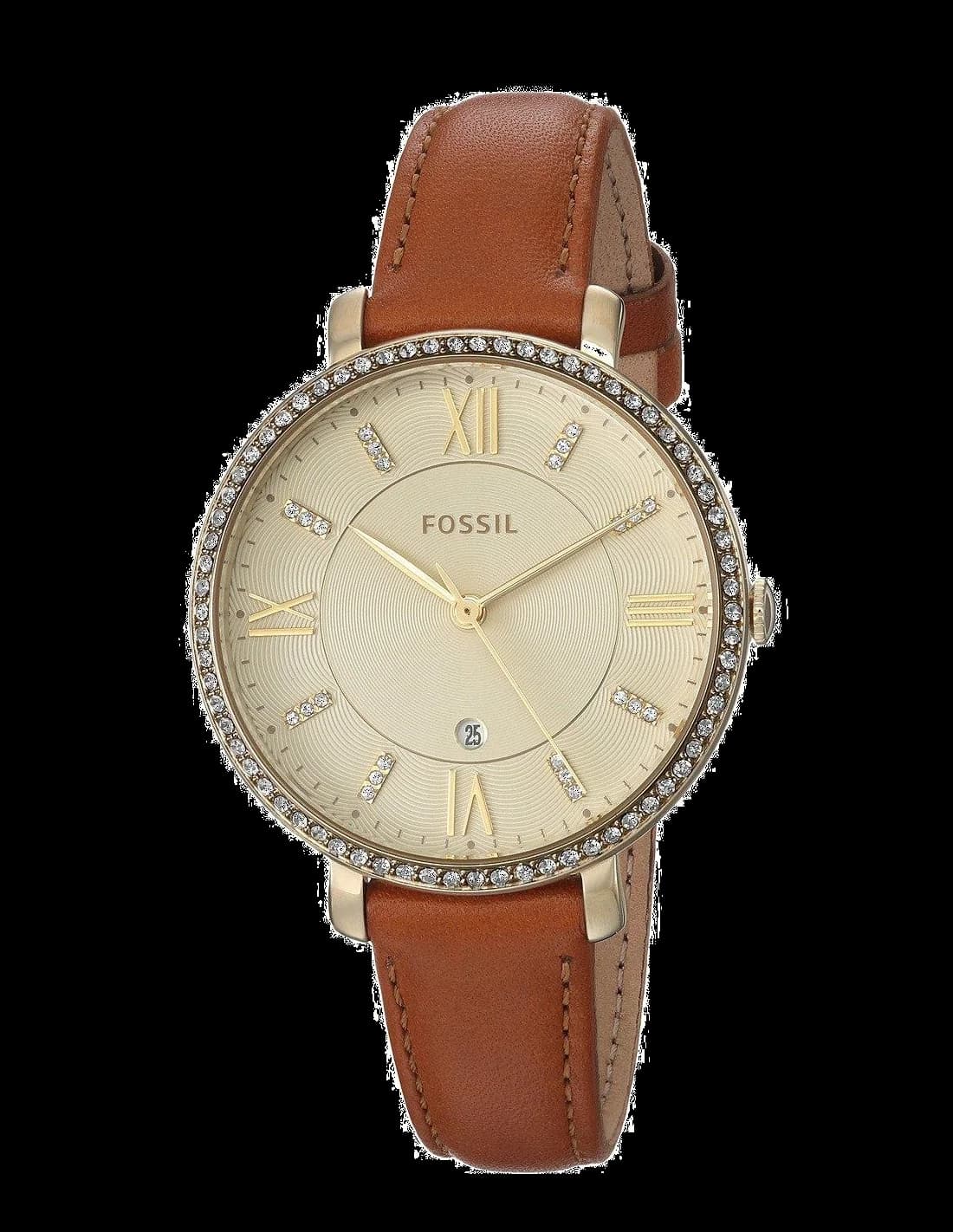 Montre Femme Fossil Jacqueline ES4293 - Boîtier Or Rose, Cadran Doré, Bracelet Cuir Bleu