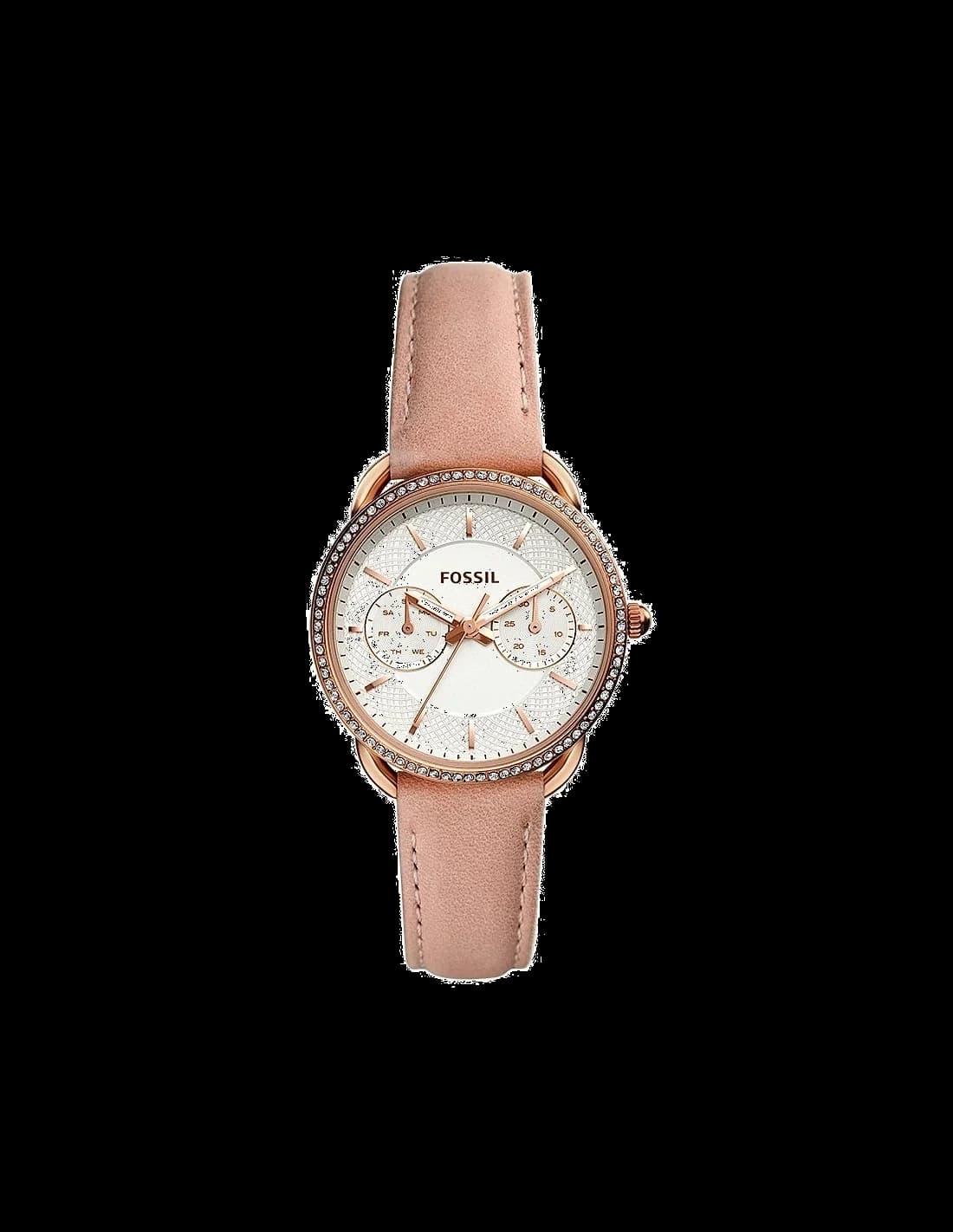 Montre Femme Fossil Tailor ES4393 - Cadran Blanc à Brillants, Bracelet Cuir Beige, Boîtier Or Rose