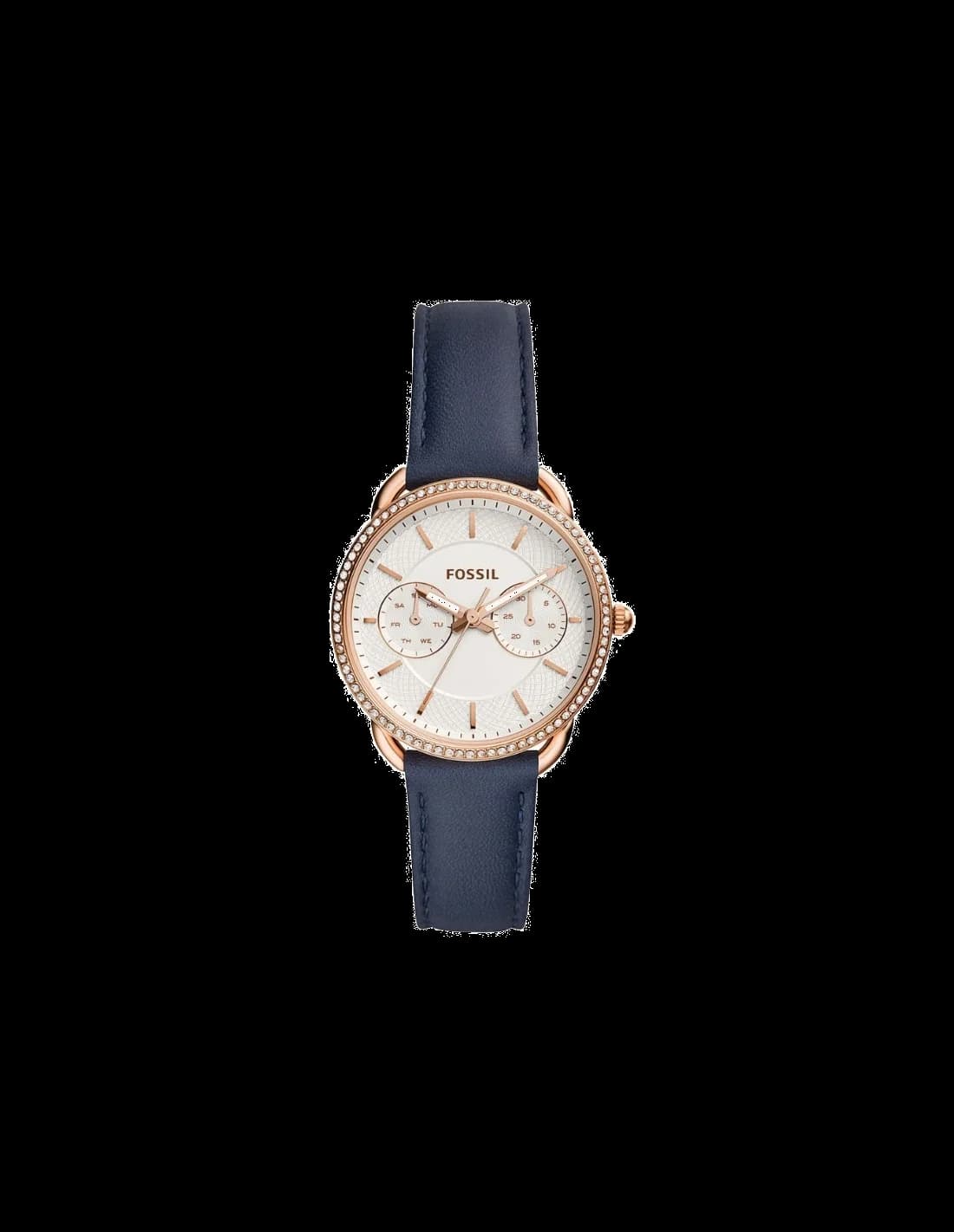 Montre Fossil ES4394 pour Femme - Boîtier Or Rose, Cadran Blanc, Bracelet Cuir Bleu