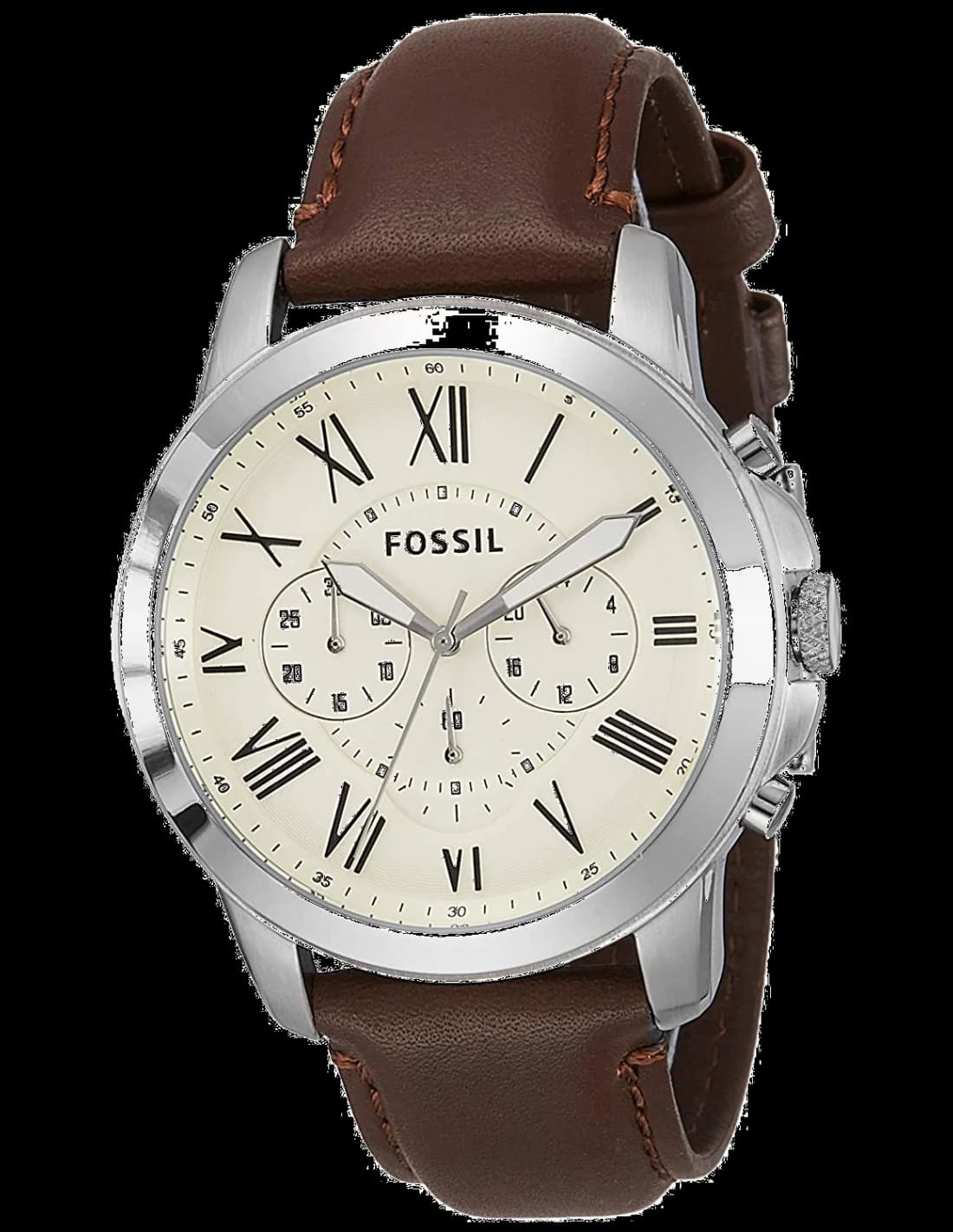 Montre Homme Fossil Grant FS4735 Cadran Argent et Bracelet Cuir Marron