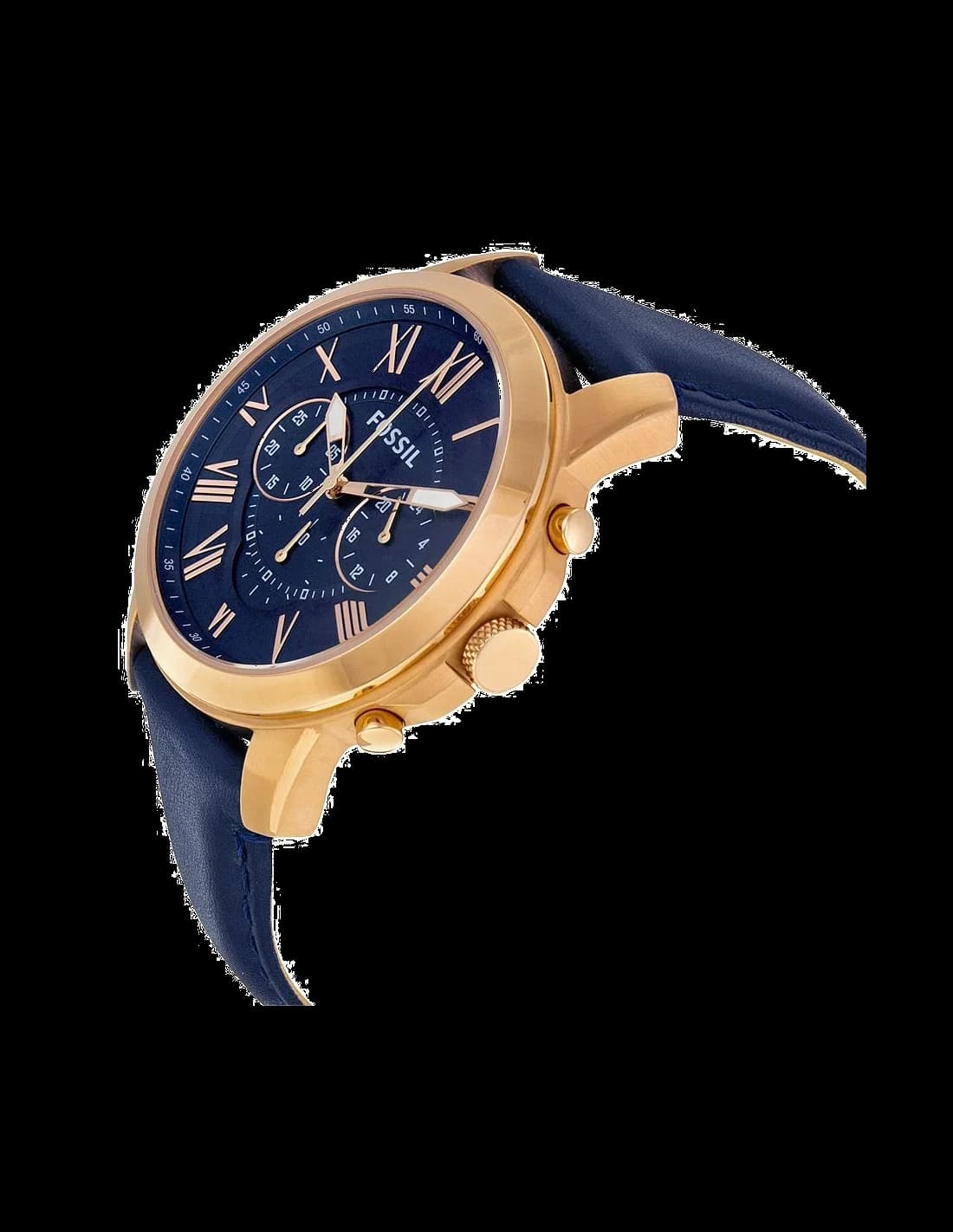 Montre Homme Fossil Grant FS4835 - Boîtier or rose, cadran et bracelet cuir bleu vue 3