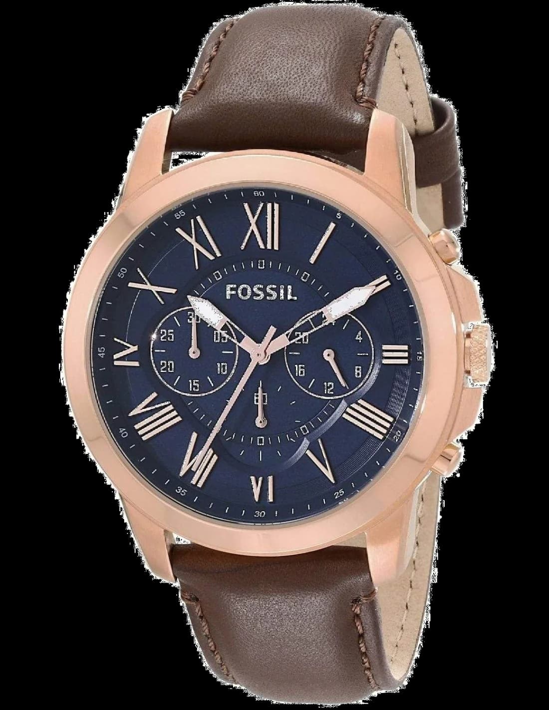 Montre Homme Fossil Grant FS5068IE Cadran Bleu, Boîtier Or Rose, Bracelet Cuir Marron