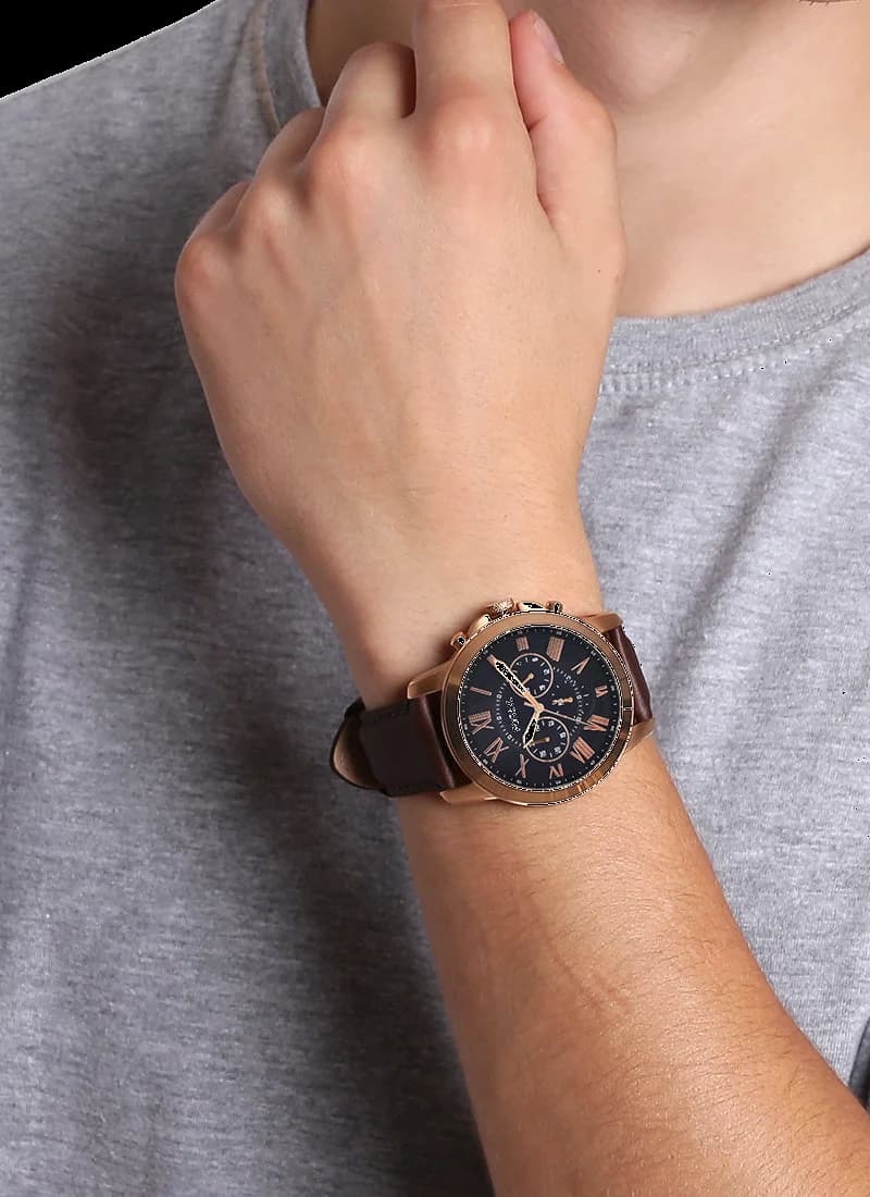 Montre Homme Fossil Grant FS5068IE Cadran Bleu, Boîtier Or Rose, Bracelet Cuir Marron vue 4