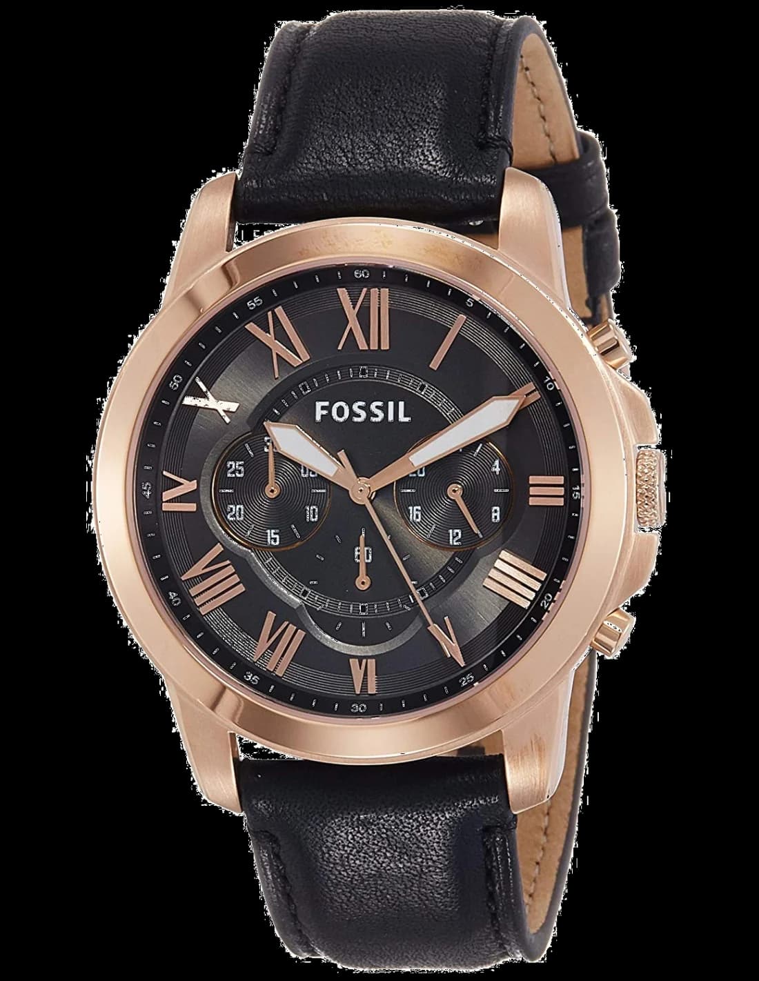Montre Homme Fossil Grant FS5085 Cadran Gris, Boîtier Or Rose, Bracelet Cuir Noir