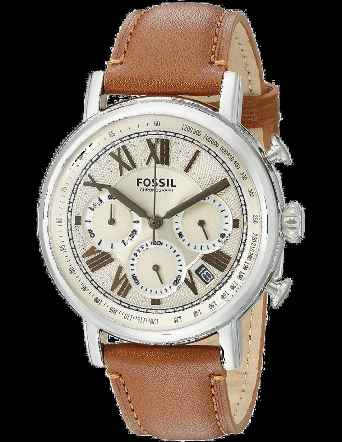 Montre Homme Fossil FS5117 en acier argenté avec cadran beige et bracelet cuir marron vue 2