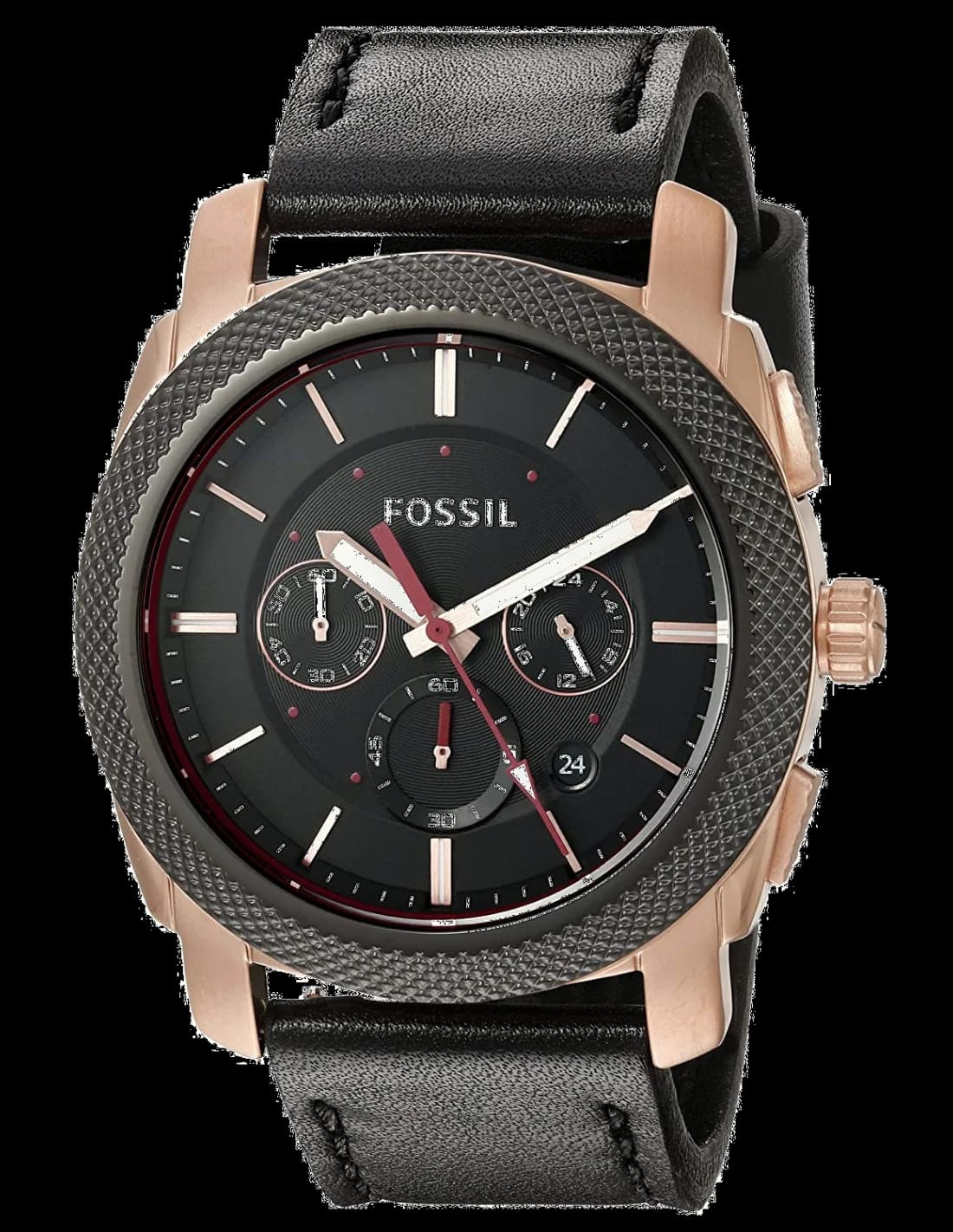 Montre Homme Fossil Machine FS5120, cadran noir, boîtier or rose, bracelet cuir