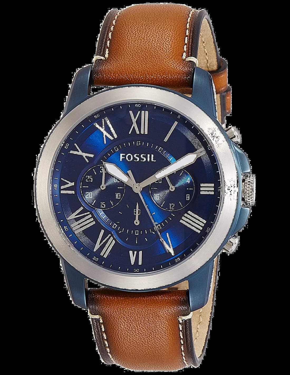 Montre Homme Fossil Grant FS5151, Cadran Bleu, Bracelet Cuir Marron
