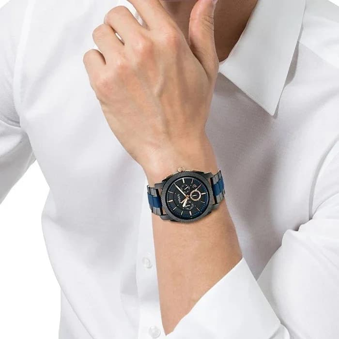 Lunette boîtier Fossil FS5164 acier inoxydable bicolore, lunette fixe noire PVD et verre minéral