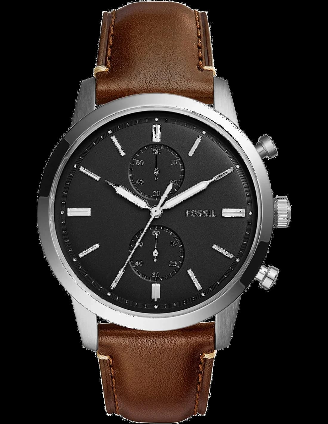 Montre Homme Fossil Townsman FS5280 Cadran Noir Acier, Bracelet Cuir Brun