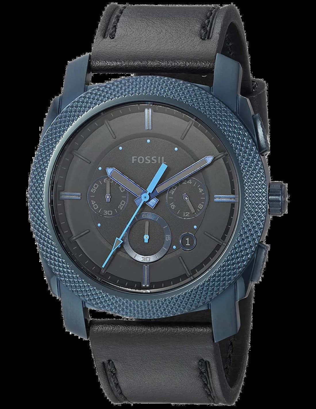 Montre Homme Fossil Machine FS5361 Boîtier Bleu Cadran Noir Bracelet Cuir
