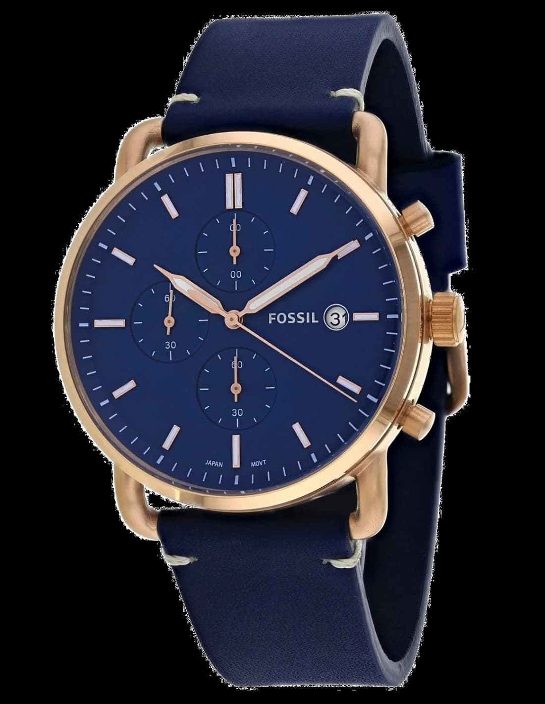 Montre Homme Fossil The Commuter FS5404, Cadran et Bracelet Bleu, Boîtier Or Rose