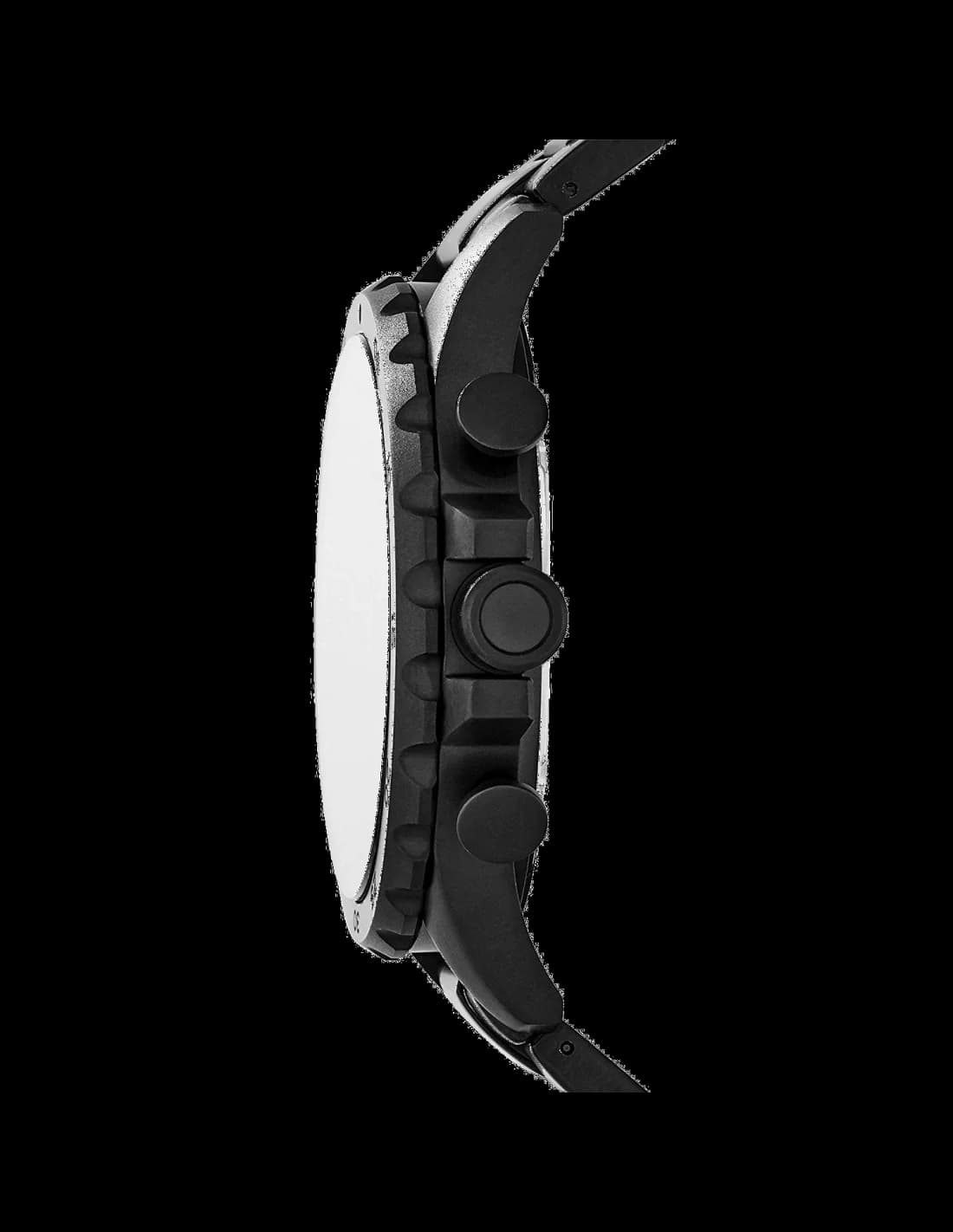 Visage cadran Fossil JR1401 comprenant trois compteurs, index appliqués et date à 4h30 sur fond noir