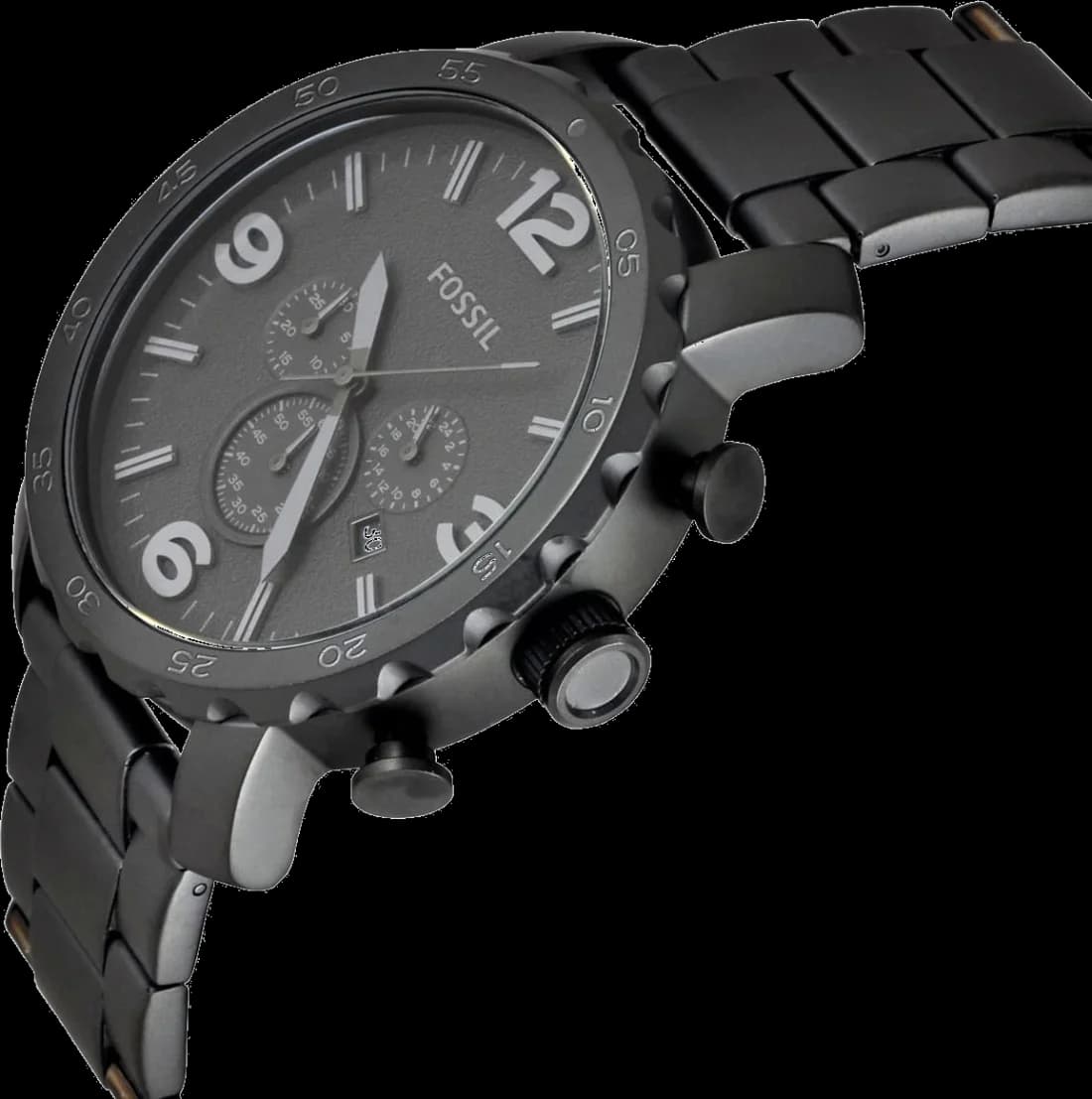 Attache bracelet Fossil JR1401 en acier inoxydable noir IP, boucle déployante signée et maillons massifs