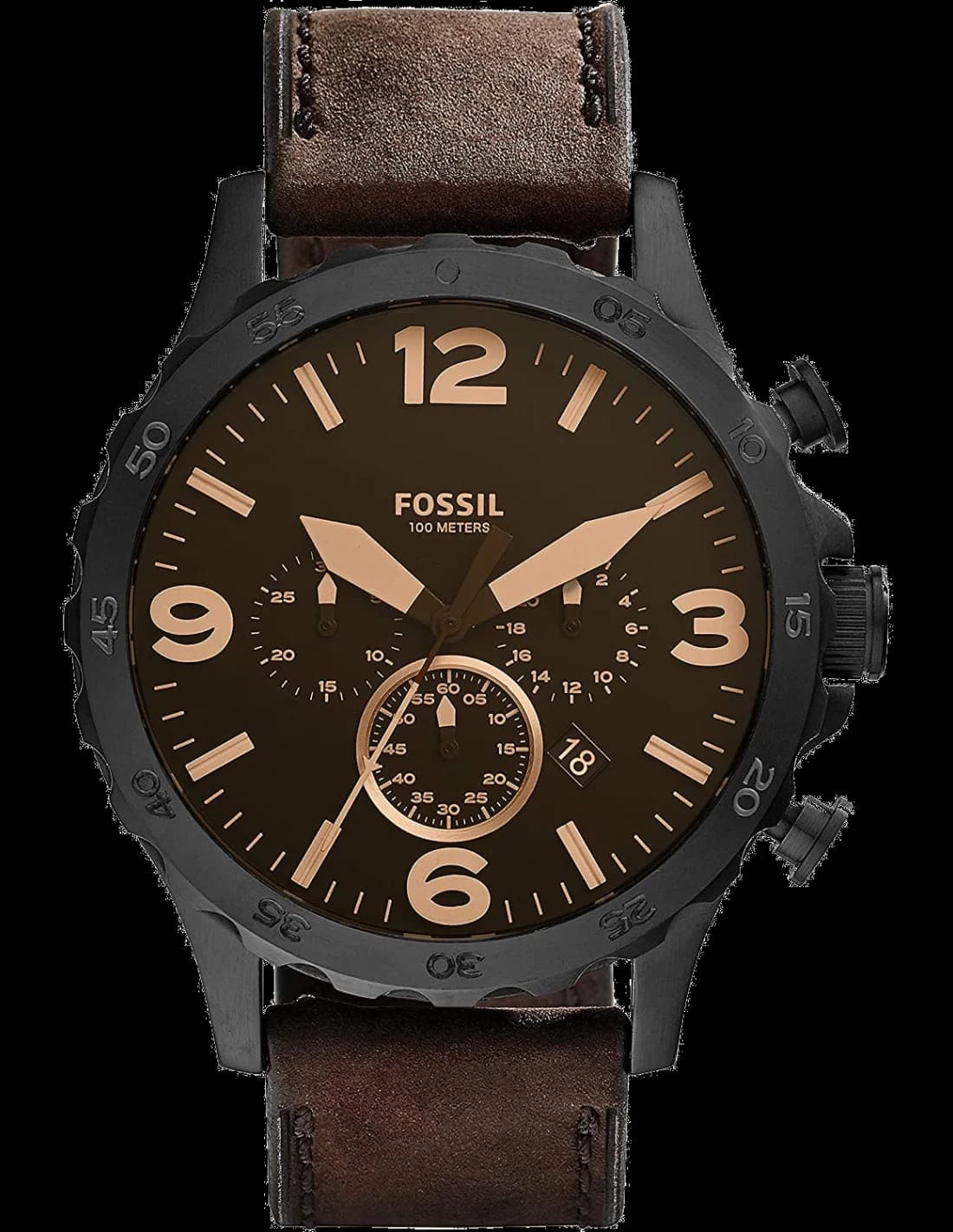 Montre Homme Fossil Nate JR1487 Chronographe Boîtier Brun, Cadran Marron, Bracelet Cuir
