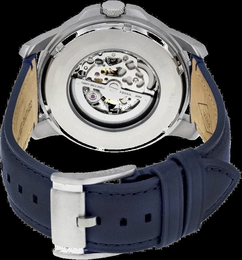 Attache bracelet Fossil ME3111 en cuir bleu cousu avec boucle ardillon en acier brossé assorti au boîtier