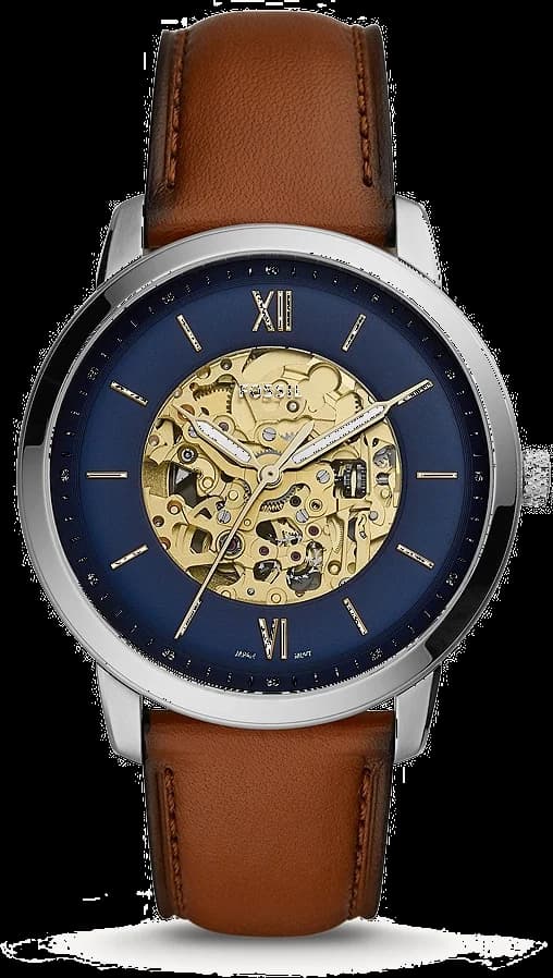 Montre Homme Fossil Neutra Automatic ME3160 - Cadran Bleu, Bracelet Cuir Marron