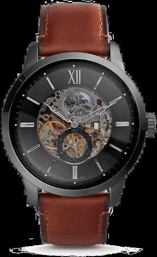 Montre automatique Fossil Townsman ME3181 pour homme, boîtier gris 48mm et bracelet cuir ambré