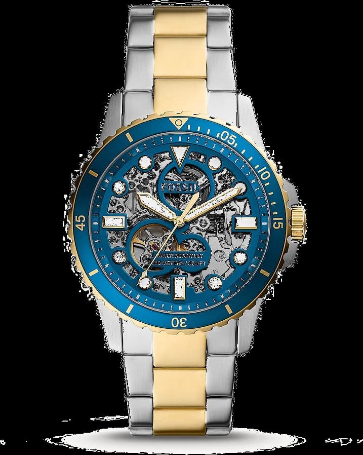 Montre Homme Fossil FB-01 Automatique ME3191 - Boîtier Acier Bicolore Argent/Or, Cadran Bleu Squelette