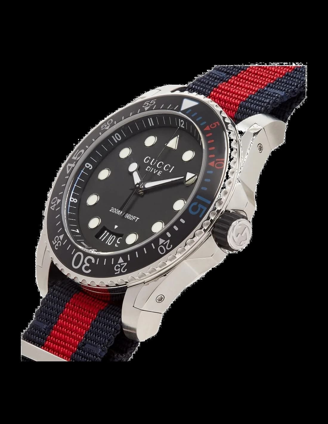 Visage cadran Gucci YA136210 aux index ronds et bâtons, aiguilles dauphine, date à 3h, contraste rouge et bleu