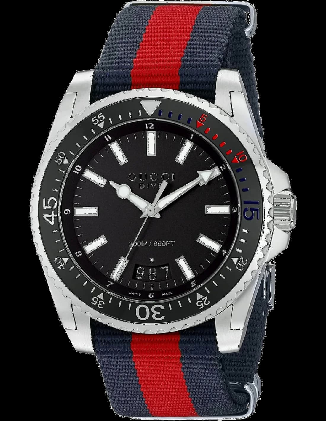 Montre Gucci Dive YA136210 Homme, Boîtier Nylon 45mm, Cadran Noir, Bracelet Nylon Bleu et Rouge