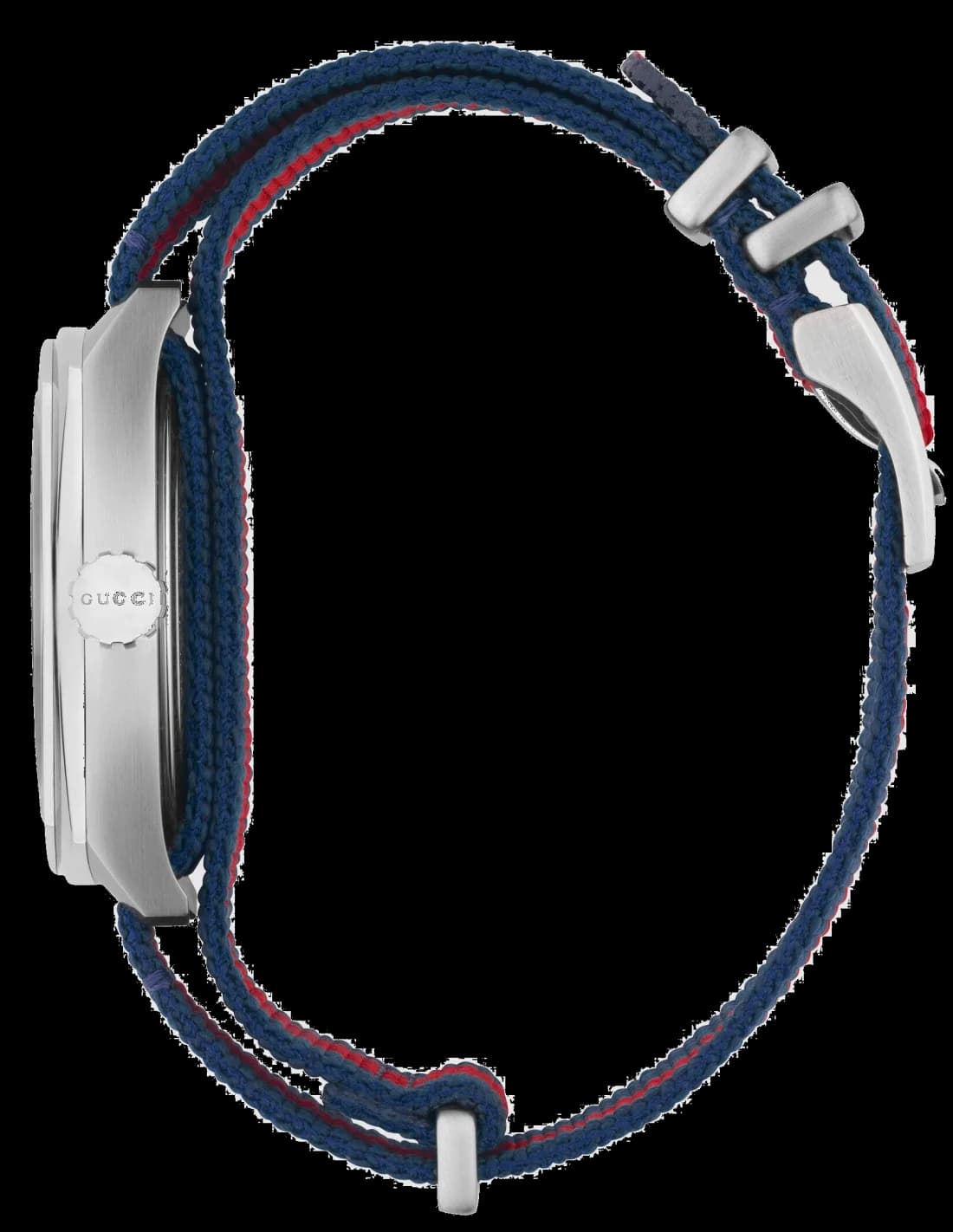 Visage cadran Gucci YA142304 détail des index appliqués, aiguilles dauphine, date à 3h, fond bleu soleil