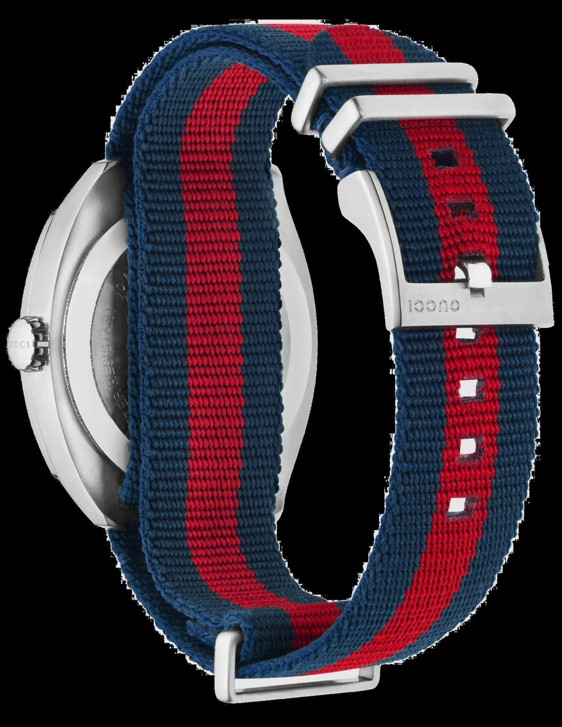 Attache bracelet Gucci YA142304 en nylon bleu et rouge Web, boucle ardillon en acier, tissage résistant