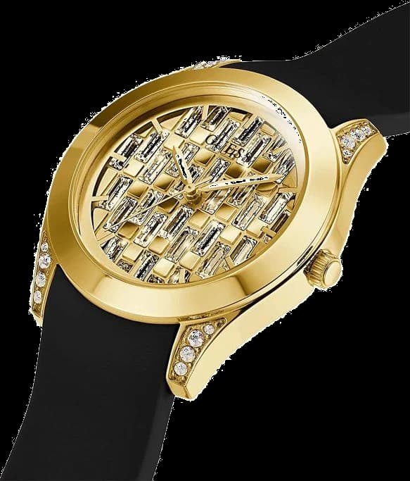 Visage cadran Guess GW0109L1 dévoile index bâtons polis et aiguilles dauphine, guichet date à 3h sur fond noir mat