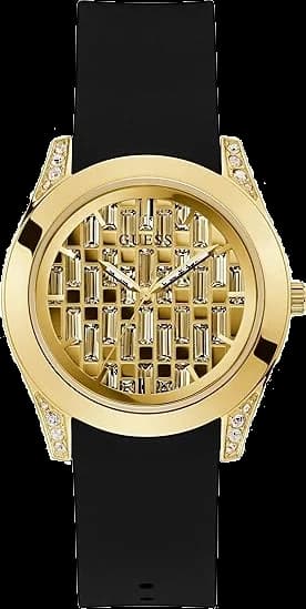 Garde-temps Guess GW0109L1 avec cadran noir soleil, aiguilles argentées et index appliques, style minimaliste contemporain