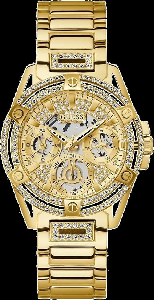 Garde-temps Guess GW0464L2 avec cadran doré orné de cristaux scintillants, aiguilles bâton et index appliqués sur fond soleil