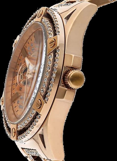 Visage cadran Guess GW0464L3 dévoile des index bâtons dorés et aiguilles fines, complication date à 3 heures sous cristal minéral