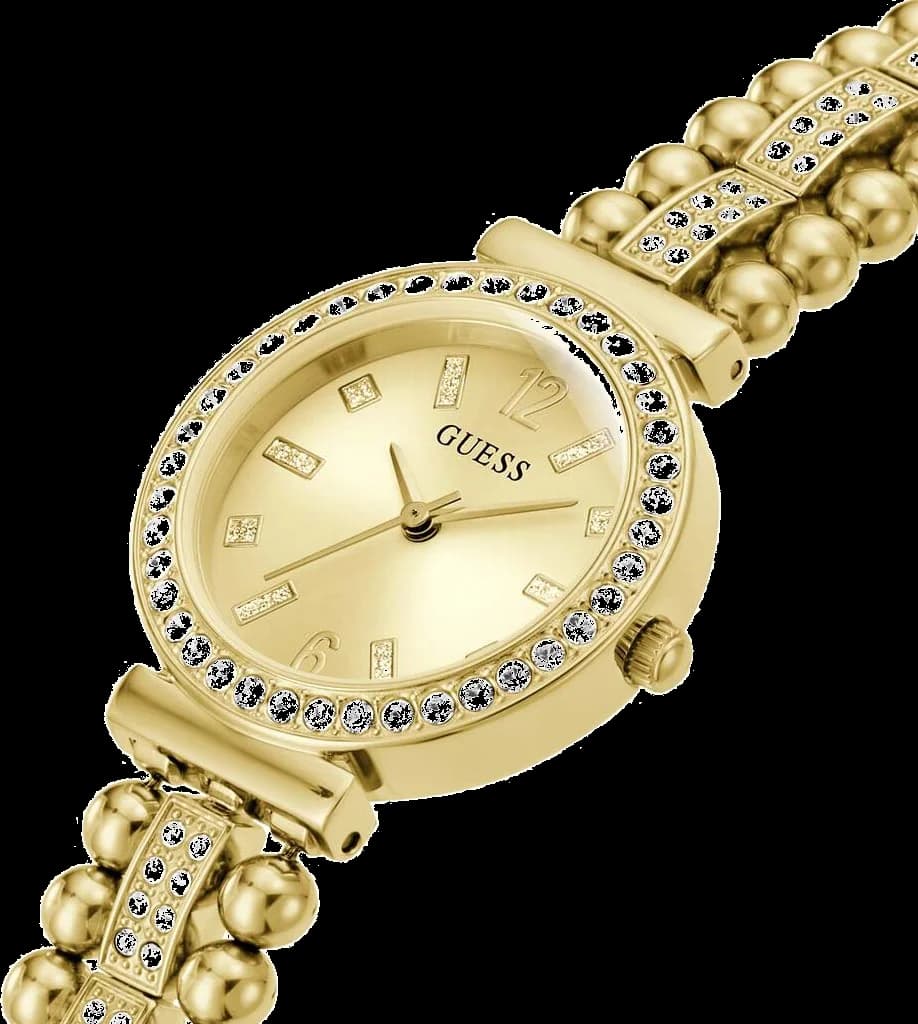 Visage cadran Guess GW0401L2 avec index baguette dorés, aiguilles dorées et date à 3h, lisibilité assurée