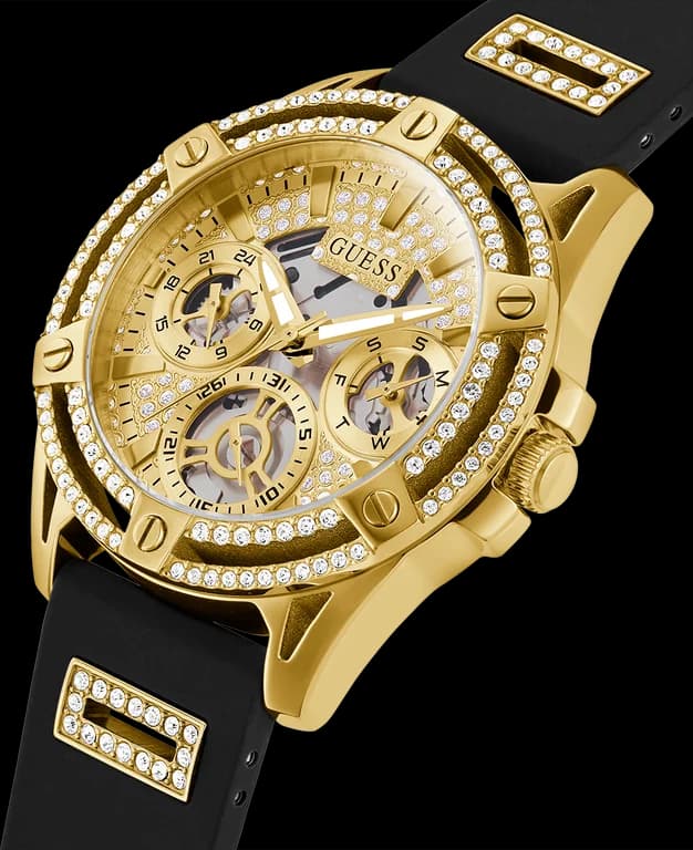 Montre Femme Guess Queen GW0536L3 - Boîtier doré orné de strass, bracelet silicone noir vue 2