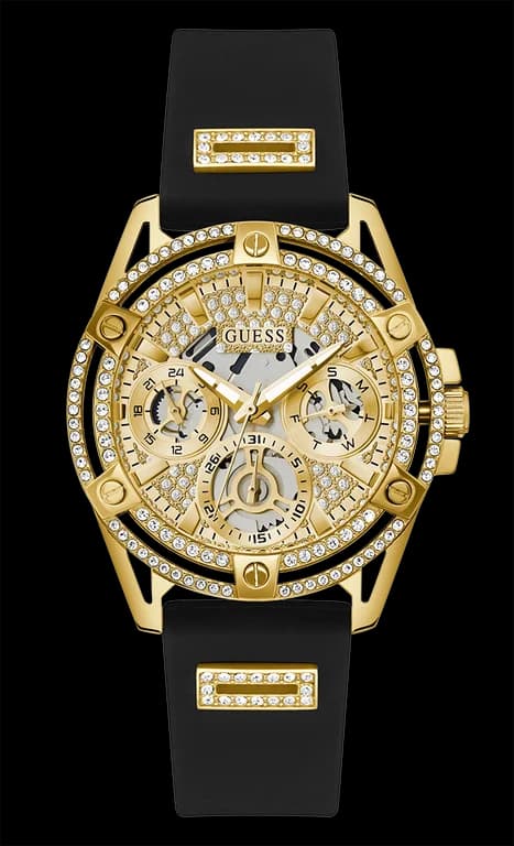 Montre Femme Guess Queen GW0536L3 - Boîtier doré orné de strass, bracelet silicone noir
