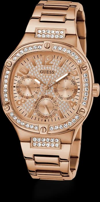 Visage cadran Guess GW0558L3 avec aiguilles bâtons dorées et guichet dateur à 3 heures