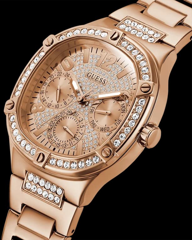 Attache bracelet Guess GW0558L3 en acier inoxydable or rose poli, fermoir déployant signé Guess