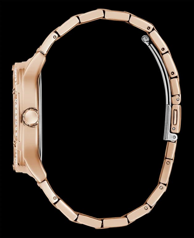 Lunette boîtier Guess GW0558L3 ronde en acier or rose incrusté de strass scintillants, verre minéral