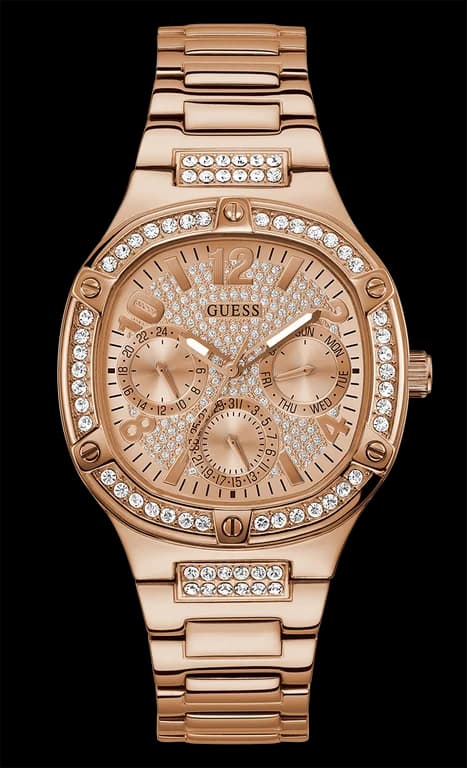 Garde-temps Guess GW0558L3 au cadran blanc nacré orné d'index dorés et de strass lumineux