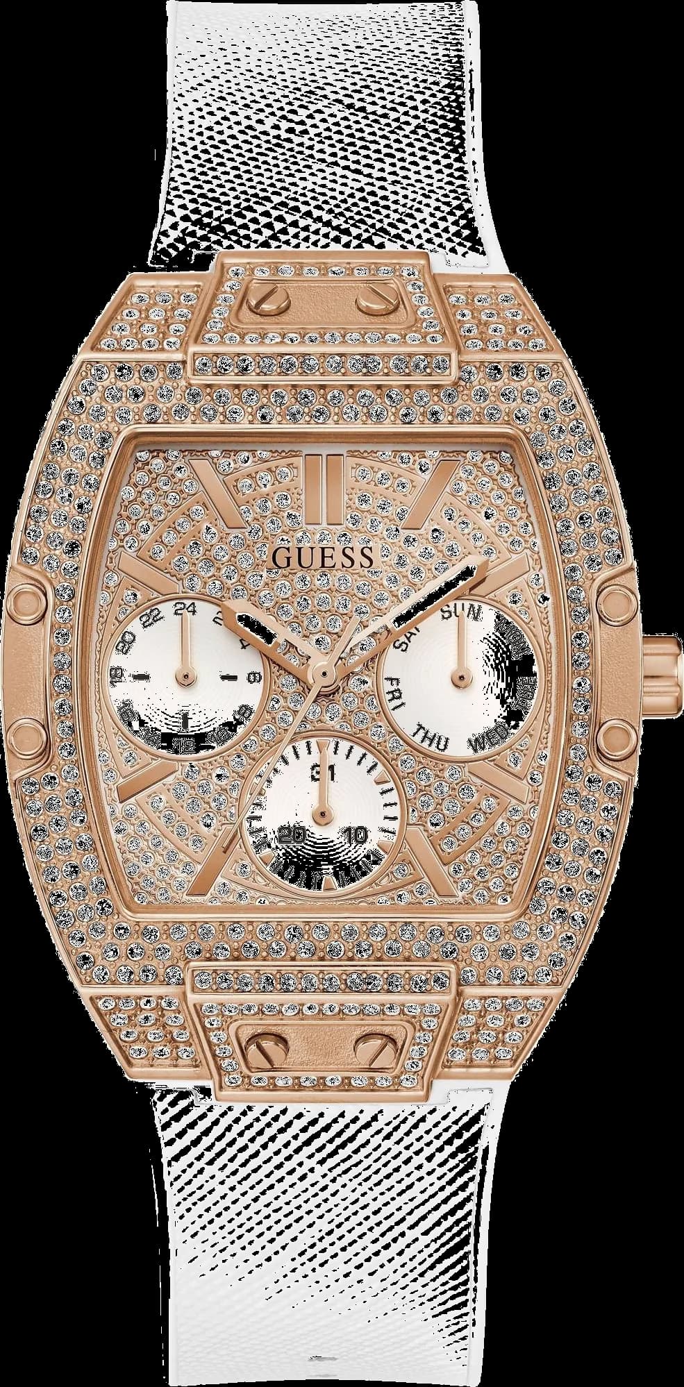 Garde-temps Guess GW0105L3 au cadran blanc orné de strass et aiguilles dorées sur fond soleil