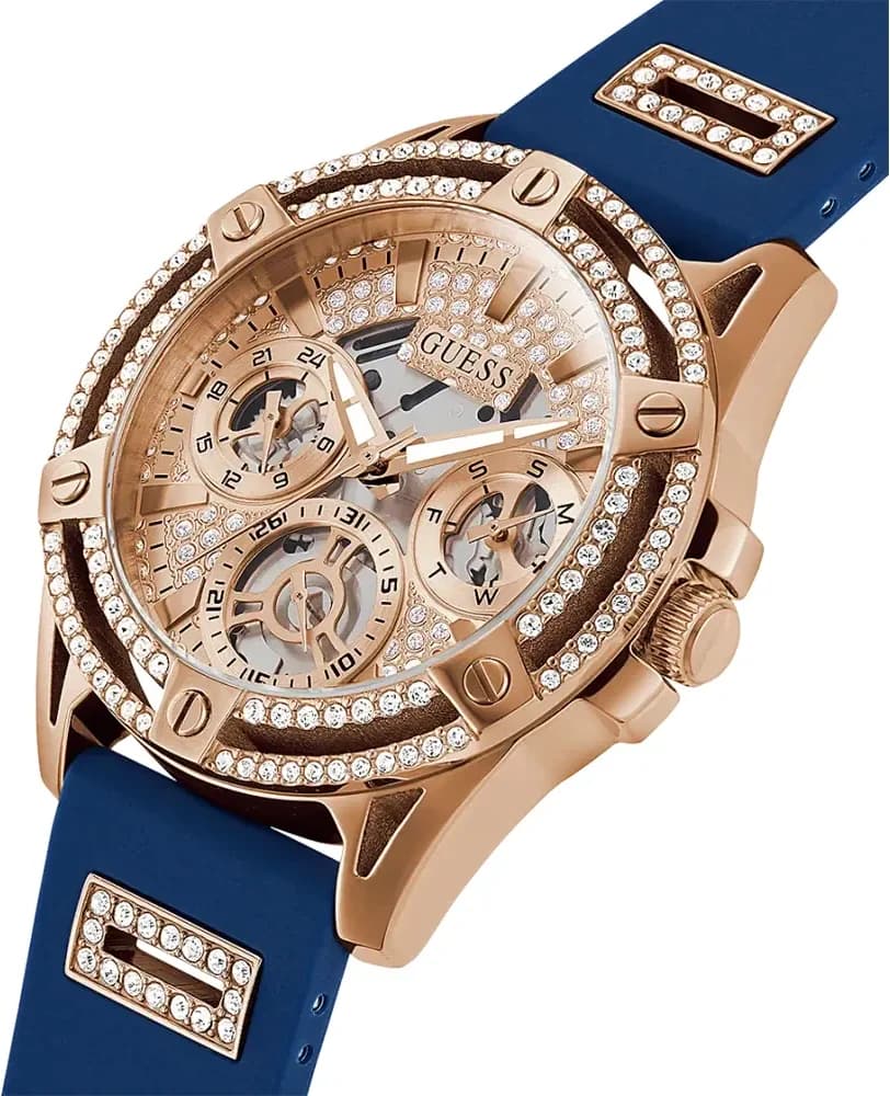 Montre Guess Queen GW0536L5 pour Femme - Boîtier or rose strass, bracelet silicone bleu vue 2