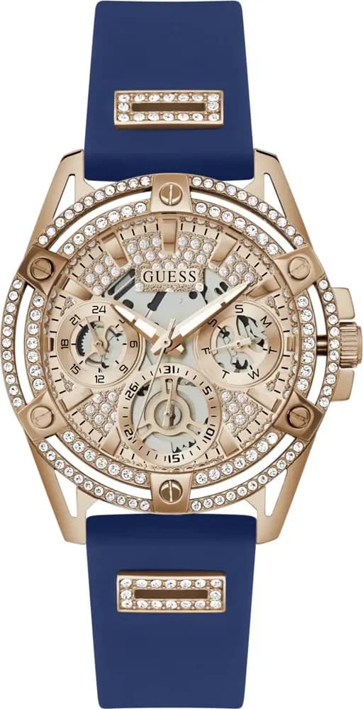 Montre Guess Queen GW0536L5 pour Femme - Boîtier or rose strass, bracelet silicone bleu