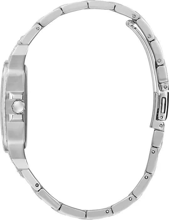 Visage cadran Guess GW0472L1 dévoile index baguette et aiguilles bâton, date à 3h, finition soleillée