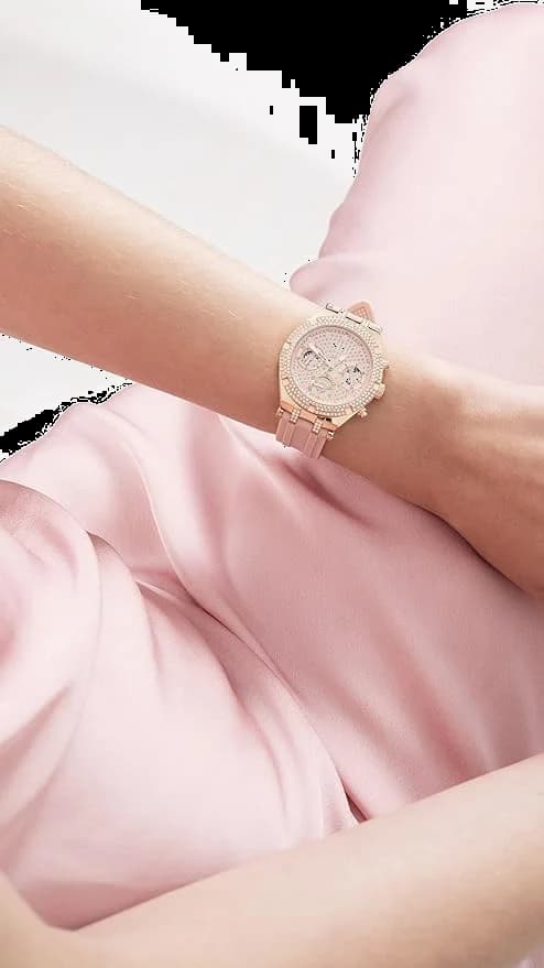 Montre Guess Heiress GW0407L3 pour Femme - Boîtier or rose à strass, bracelet silicone rose vue 5