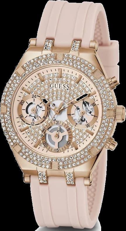 Garde-temps Guess GW0407L3 au cadran rose scintillant, aiguilles dorées et index ornés de strass pour un éclat féminin